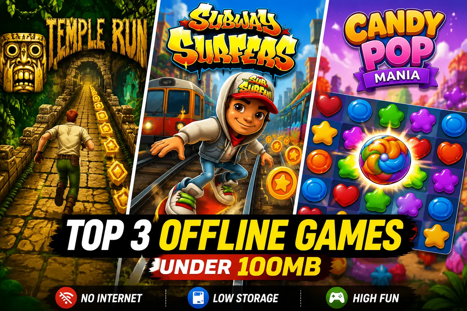 Temple Run Subway Runner Candy Pop Mania best offline android games under 100MB
