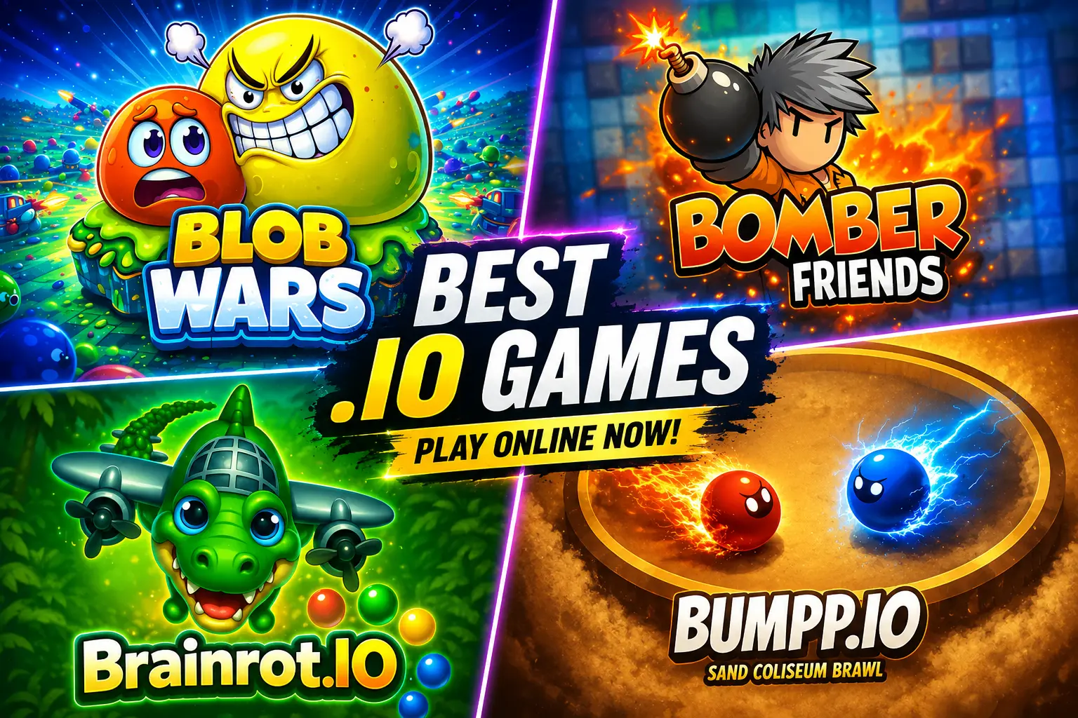 Best .io games collage including Blob Wars BrainrotIO Bomber Friends and Bumpp.io
